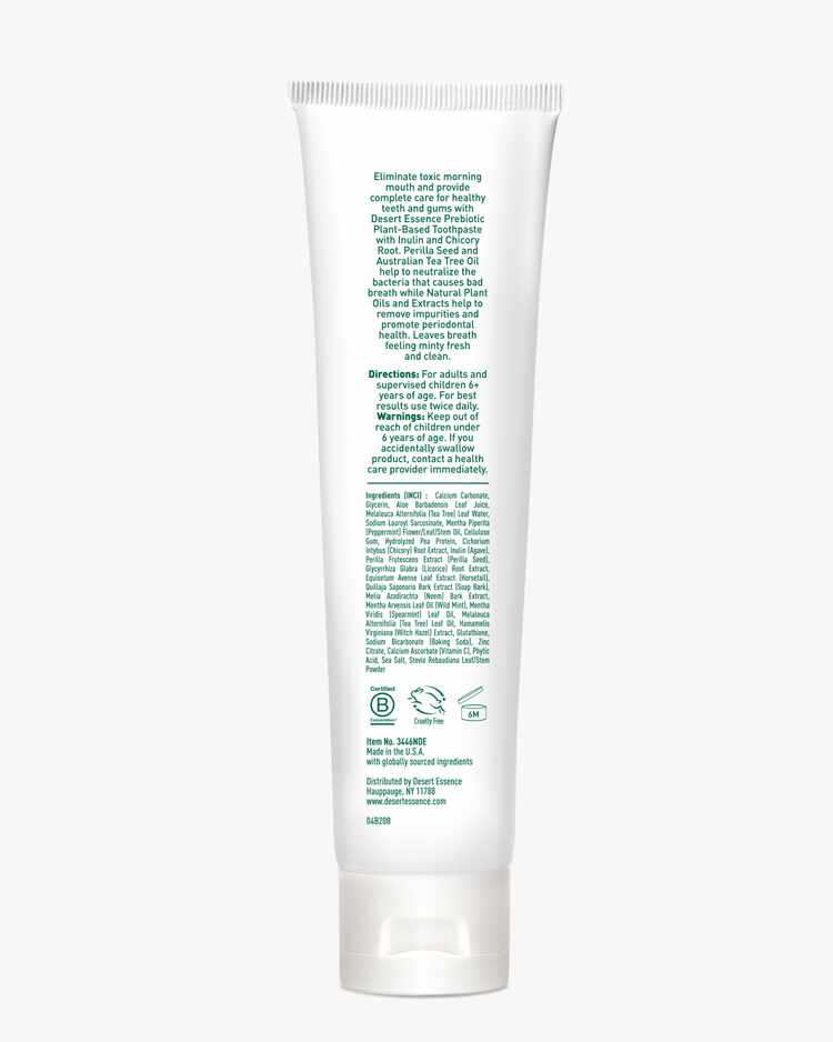 Back label of the Prebiotic Plant-Based Toothpaste Mint with description, directions, warnings, and ingredient list.