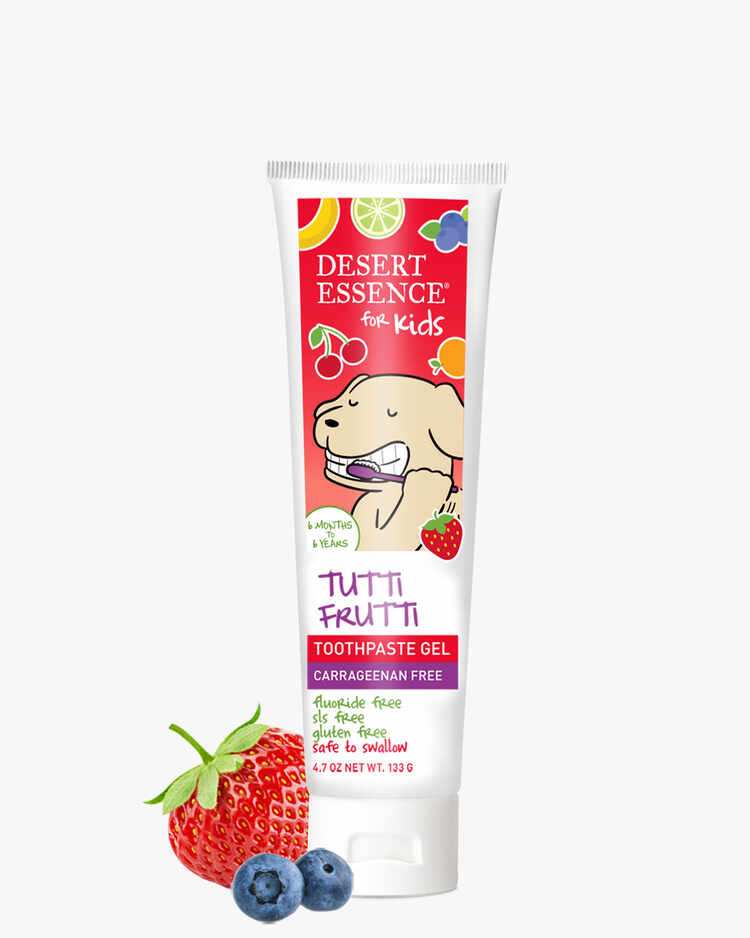4.7 oz. tube of the Tutti Frutti Toothpaste Gel for kids by Desert Essence.