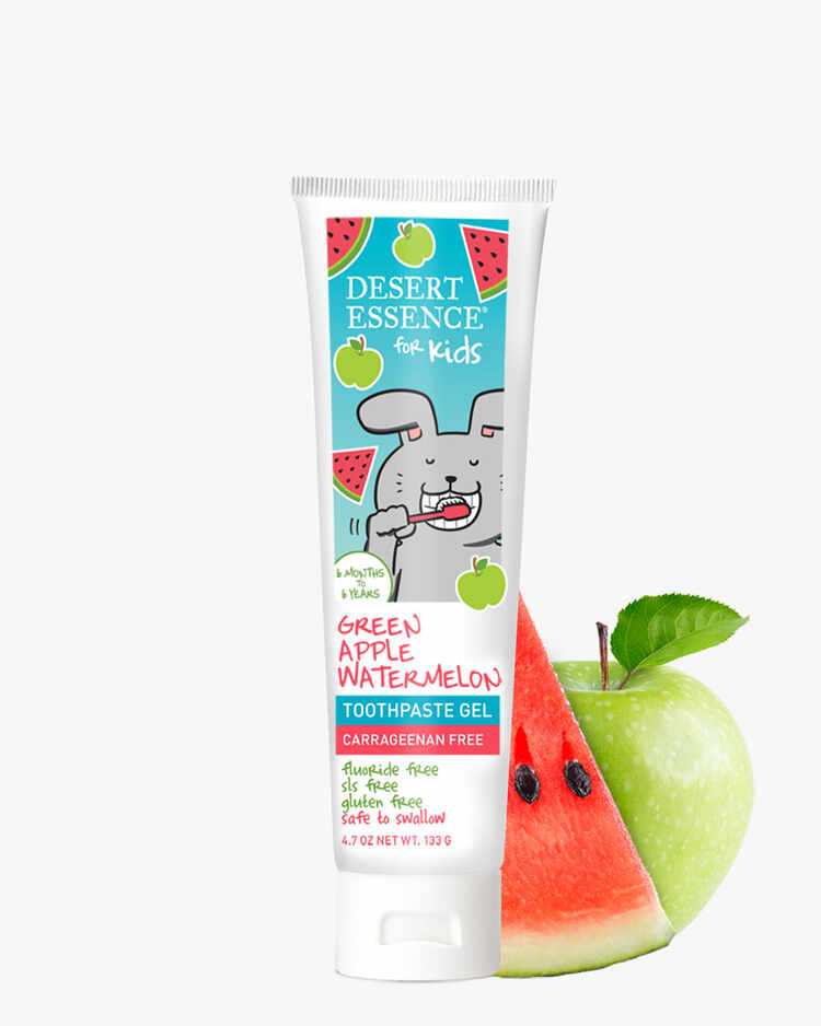 4.7 oz. tube of the Green Apple Watermelon Toothpaste Gel for kids by Desert Essence.