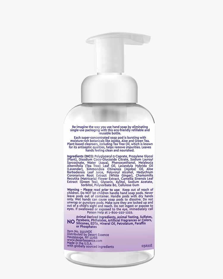 Back of Foaming Hand Soap Pods Starter Kit, Tea Tree Oil & Lavender Bottle