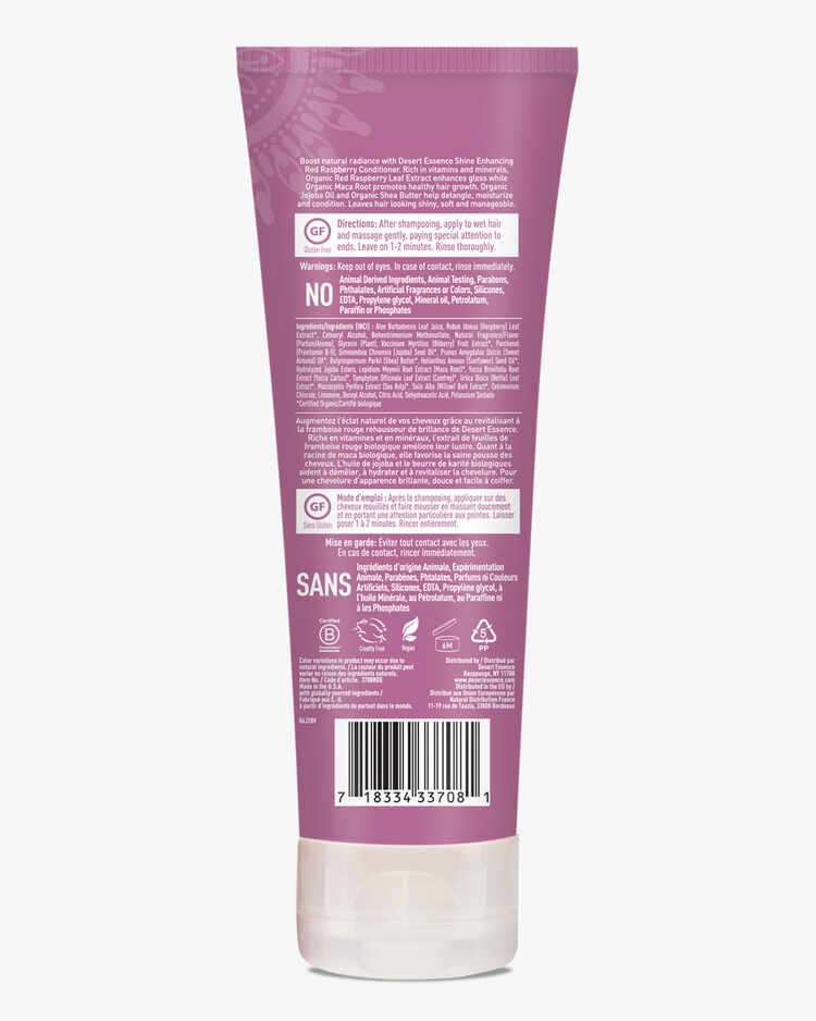 Back label of the Red Raspberry Shine Enhancing Conditioner with description, directions, warnings, and ingredient list.