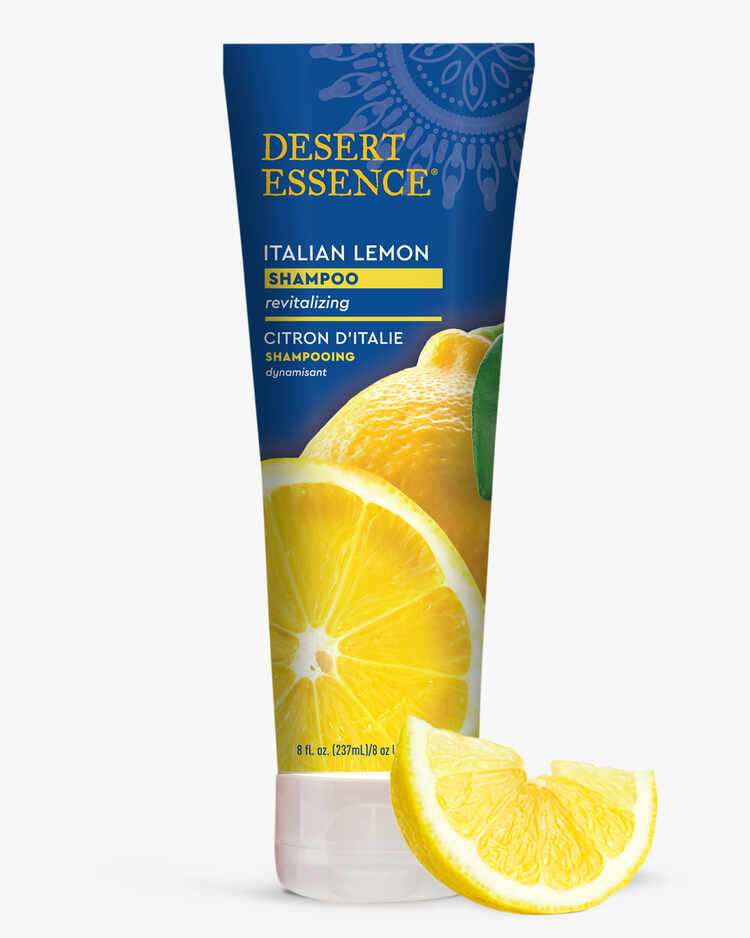 8 fl. oz. tube of the Italian Lemon Revitalizing Shampoo with a lemon wedge by Desert Essence.