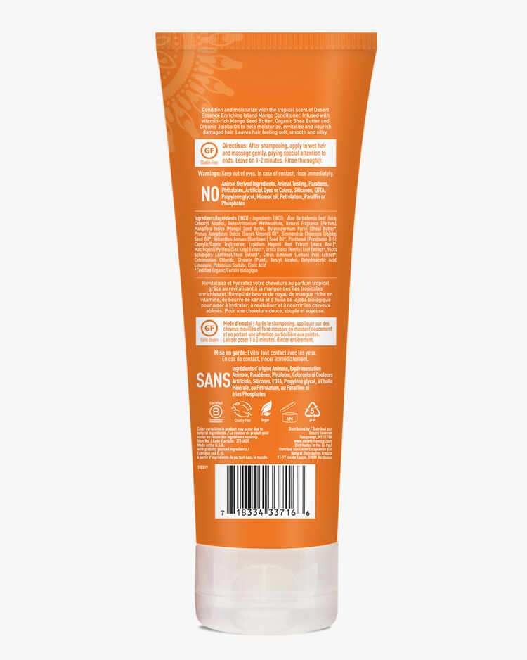 Back label of the Island Mango Enriching Conditioner with description, directions, warnings, and ingredient list.