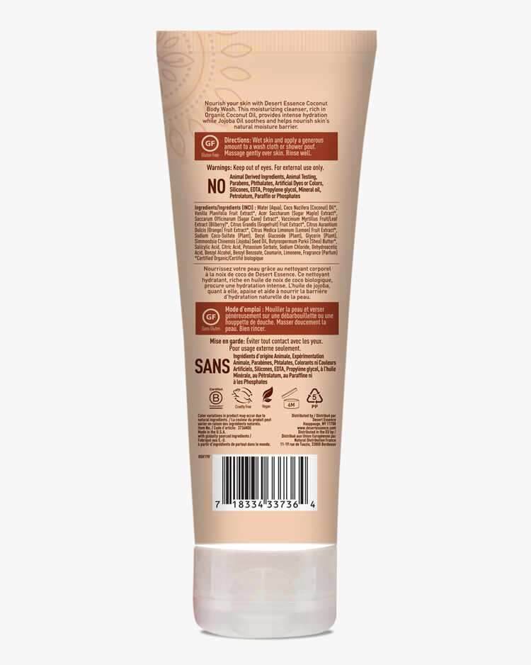 Back label of the Coconut Nourishing Body Wash with description, directions, warnings, and ingredient list.
