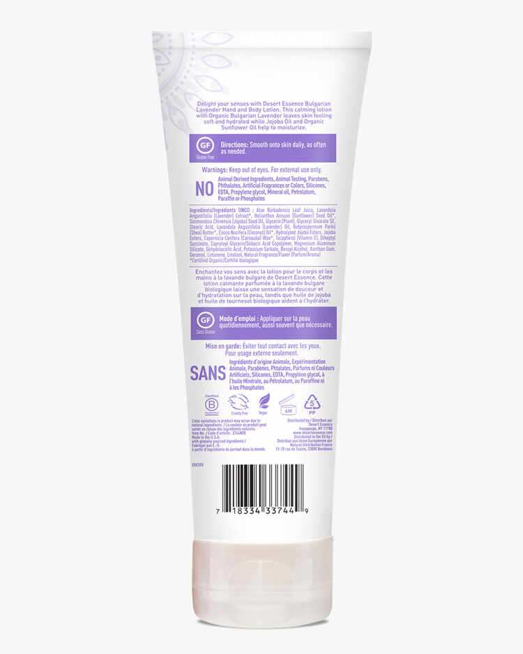 Back label of the Bulgarian Lavender Calming Hand and Body Lotion with description, directions, warnings, and ingredient list.