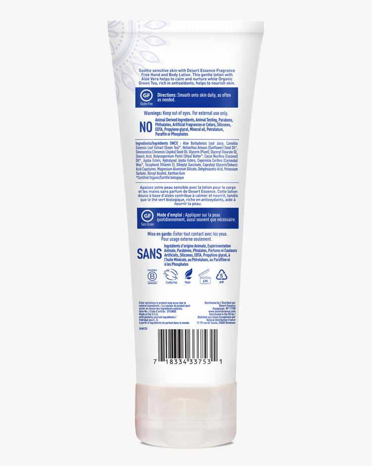 Back label of the Fragrance-Free Soothing Hand and Body Lotion with description, directions, warnings, and ingredient list.
