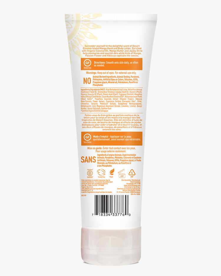 Back label of the Island Mango Enriching Hand and Body Lotion with description, directions, warnings, and ingredient list.