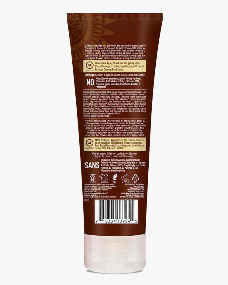 Back label of the Coconut Nourishing Shampoo with description, directions, warnings, and ingredient list.