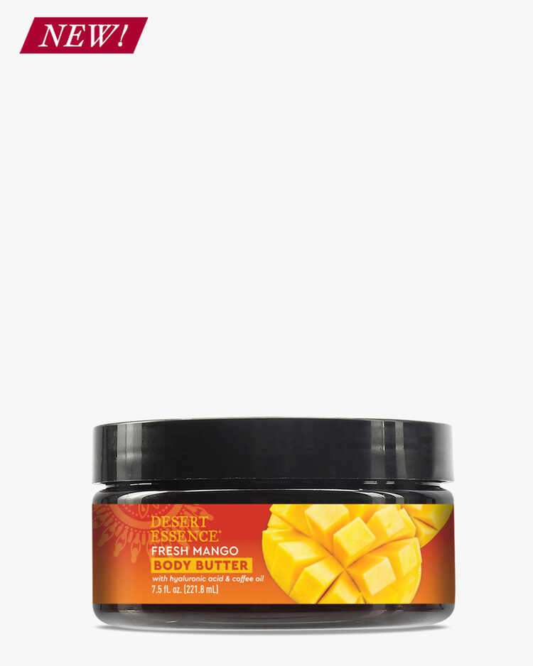 Jar of Desert Essence Fresh Mango Body Butter with hyaluronic acid and coffee oil, 7.5 fl. oz.