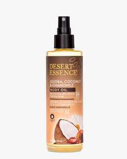 8.28 fl. oz. Bottle of the Desert Essence Jojoba, Coconut, and Chamomile Body Oil Moisturizing After Shower Finishing Spray.