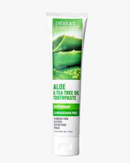 6.25 oz. tube of the Aloe and Tea Tree Oil Toothpaste Peppermint by Desert Essence.