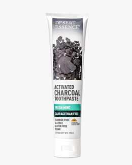 Front view of a tube of activated charcoal, carrageenan free toothpaste by Desert Essence.