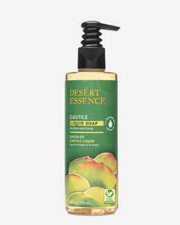 Pump bottle of Desert Essence Castile Liquid Soap for face and body, 8.5 fl. oz.